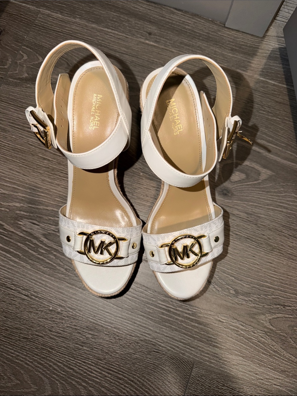 Michael Kors White Gold MK Logo Ankle-Strap Heels